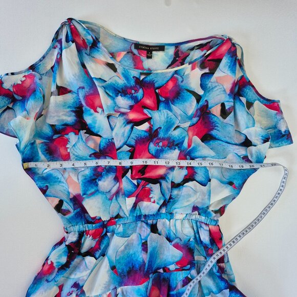 Cynthia Steffe Silk Blue and White Ruffled Asymmetrical Blouse - Picture 4 of 9